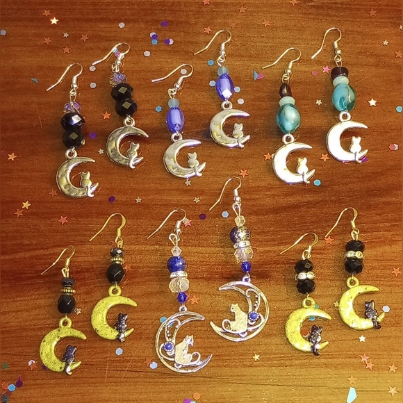 Cat Moon Wolf Witch Fairy Charmed Beaded Earrings Unique Handmade Holiday Gift - Picture 2 of 4